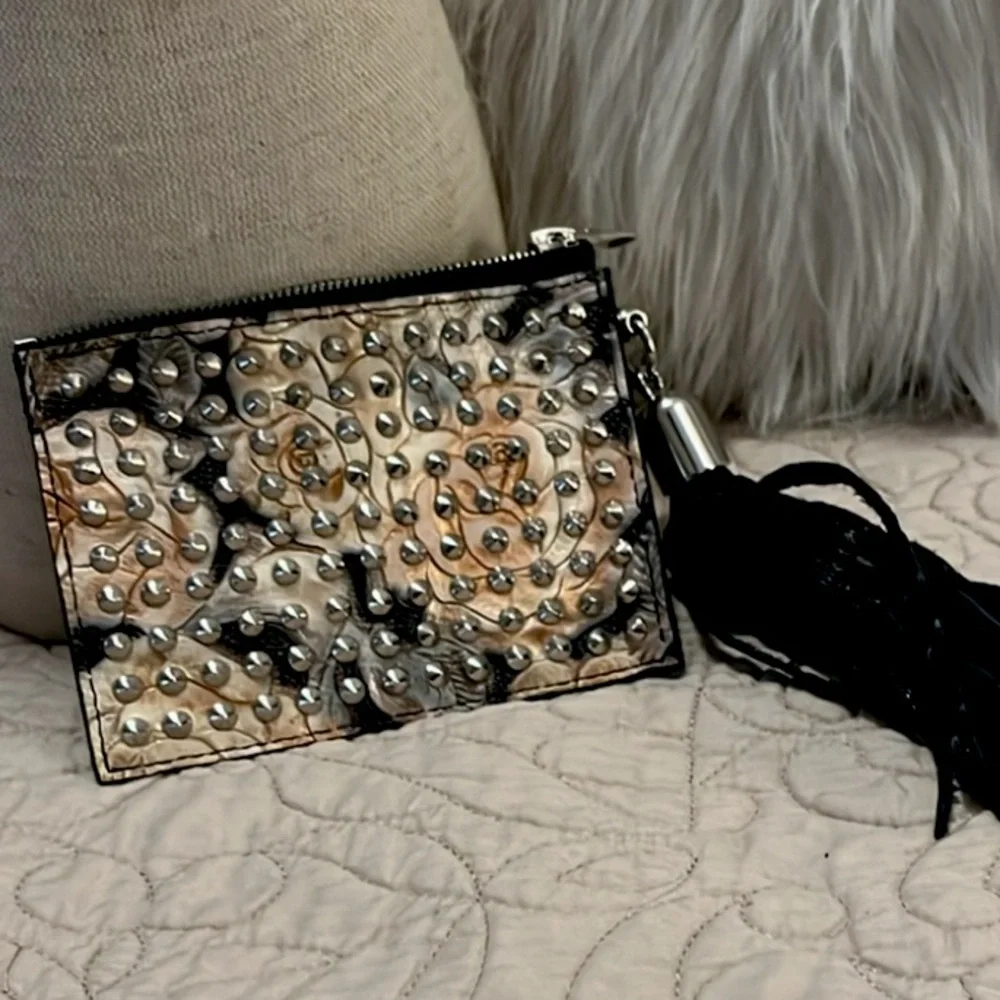 Snakeskin Embossed Studded Floral Zipper Suede Fringe Handle Pouch Card Holder